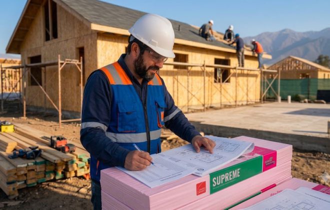 Supervisor calculando la cubicacion sobre planos apoyados en paquetes de teja asfaltica Owens Corning Supreme en obra