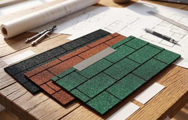 Muestras de teja asfáltica Owens Corning en colores verde, café y negro dispuestas sobre planos de arquitectura