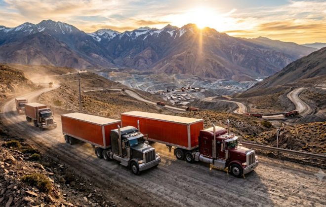 Camiones de transporte pesado transitando por ruta cordillerana para ilustrar la eleccion de aceite para motor diesel Castrol