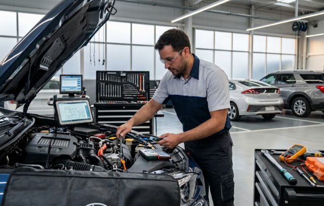 Mecanico realizando mantenimiento a un motor moderno en taller usando lubricante Castrol Magnatec