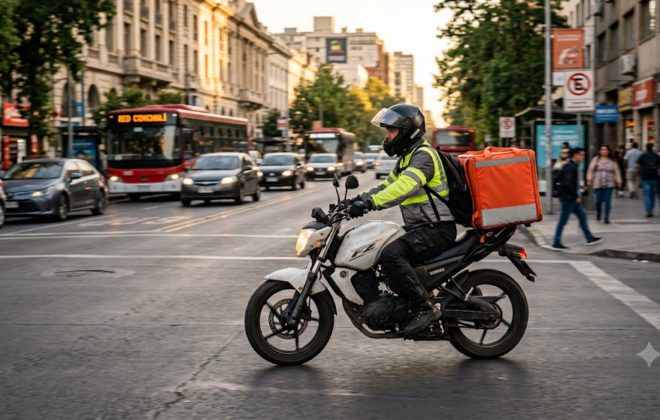 Repartidor de delivery en motocicleta transitando por la ciudad usando aceite para moto 4T Castrol Actevo