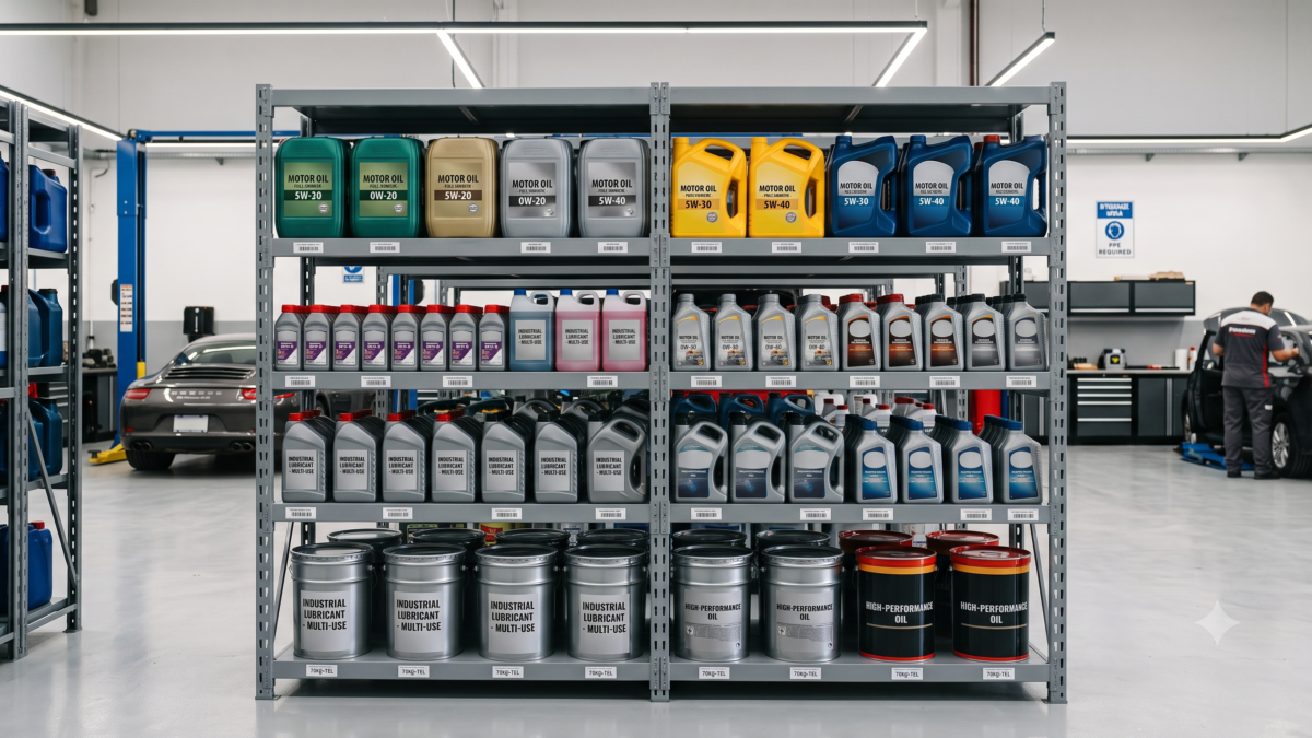 Estanteria organizada de taller mecanico con stock de fluidos de transmision Castrol Transmax para cajas automaticas y CVT