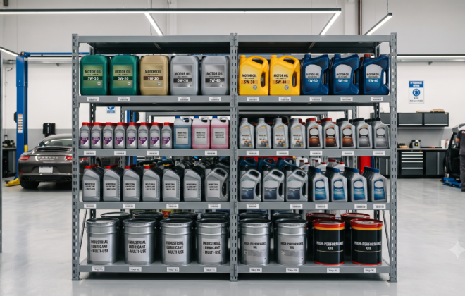 Estanteria organizada de taller mecanico con stock de fluidos de transmision Castrol Transmax para cajas automaticas y CVT
