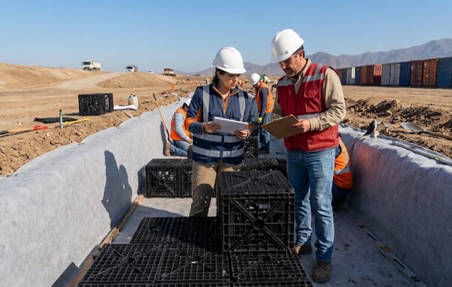 Ingenieros revisando la instalacion de cubos de drenaje modulares sobre geotextil Mactex en zanja de infiltracion