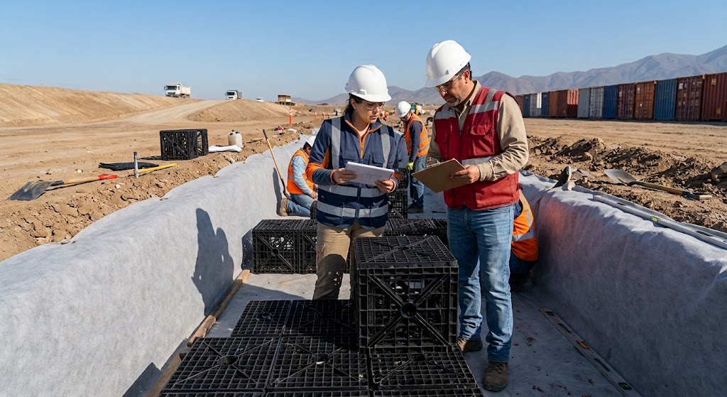 Ingenieros revisando la instalacion de cubos de drenaje modulares sobre geotextil Mactex en zanja de infiltracion