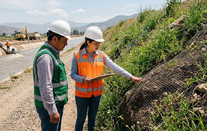 Ingenieros inspeccionando talud con geomanta MacMat R1 y vegetacion para el control de erosion junto a canal