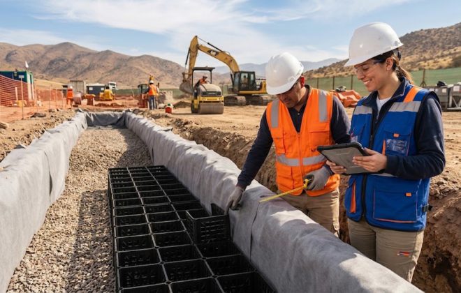Ingenieros midiendo instalacion de Cubo Dren de polipropileno sobre geotextil en zanja de infiltracion