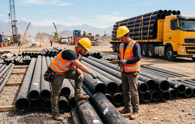 Operarios revisando acopio de tuberias HDPE negras junto a camion de transporte en faena de obra civil