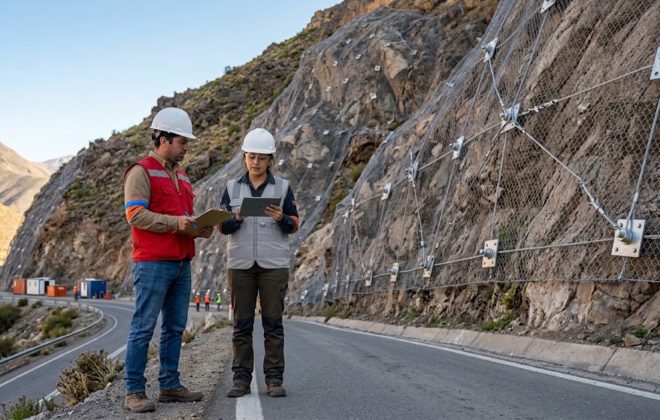 Ingenieros geotécnicos inspeccionando sistema de malla adherida y cables de acero para contención de taludes en ruta montañosa