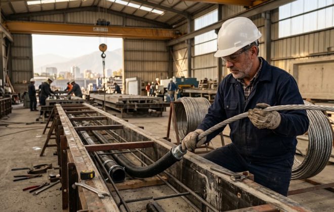 Operador guiando cable de acero para pretensado ASTM A416 sobre moldaje de viga prefabricada en planta industrial
