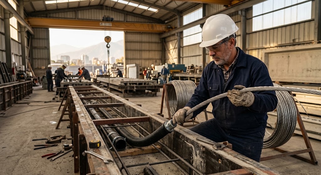 Operador guiando cable de acero para pretensado ASTM A416 sobre moldaje de viga prefabricada en planta industrial